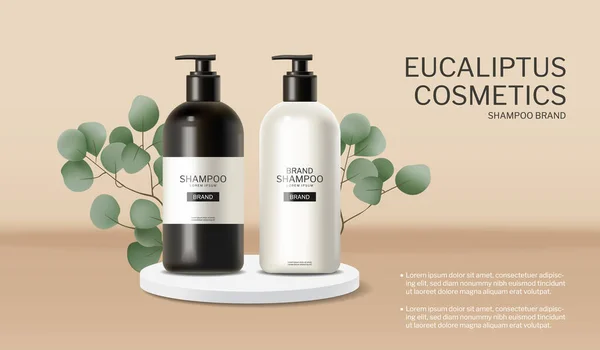 Shampoo e balsamo essenza di eucalipto Vettore realistico. Prodotti cosmetici per il trattamento dei capelli. — Vettoriale Stock