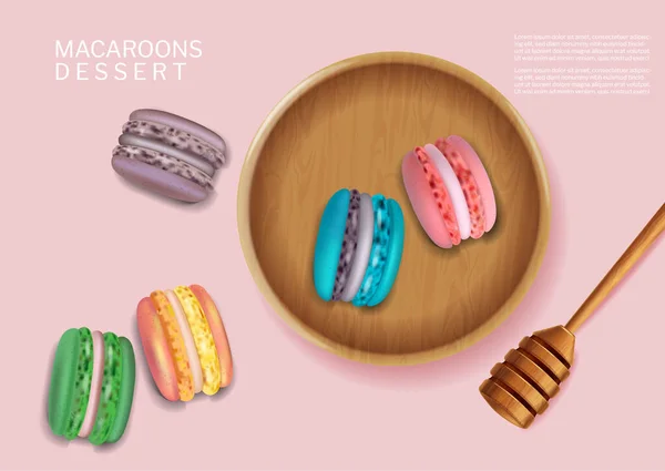 Tigela de macaroons coloridos Vector realista. 3d ilustrações detalhadas — Vetor de Stock