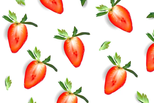 Erdbeer in Scheiben geschnitten saftige Poster Vector realistisch. Süßes Sommerbanner. 3D detaillierte Abbildung. — Stockvektor