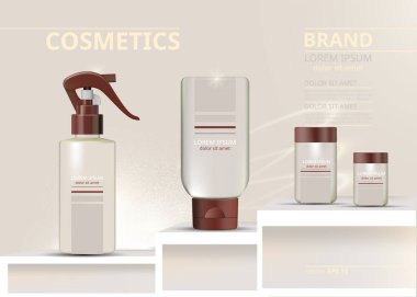 Sprey ve losyonlar vektör gerçekçiliğini belirledi. Ürün paketi. Nemlendiriciler ve tüp kapları. Krema şişeleri etiket tasarımları