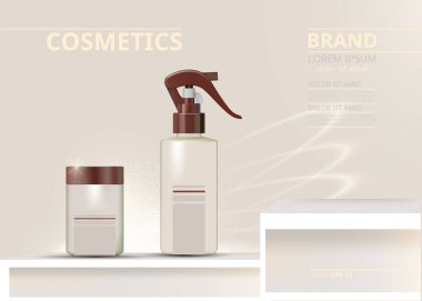 Sprey kozmetik, vektör gerçekçiliğini ayarladı. Ürün paketi. Nemlendiriciler ve tüp kapları. Krema şişeleri etiket tasarımları