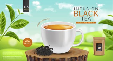 Siyah çay fincanı vektörü gerçekçi. Çay poşeti ürün paketleme maketi. Ayrıntılı 3d illüstrasyonlar