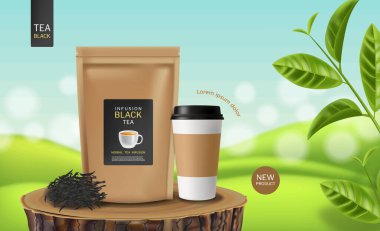 Siyah çay poşeti vektörü gerçekçi. Ürün yerleştirme modeli. Üç boyutlu detaylı illüstrasyon. Çay yaprakları arka planda