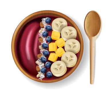 Acai Fruit Bowl vektörü gerçekçi bir model. Taze meyve kahvaltısı. Sağlıklı beslenme. Ürün yerleştirme