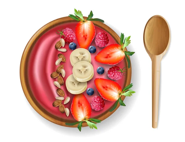 Fruta cuenco vector realista maqueta. Desayuno de frutas frescas de fresa. Alimentación saludable. Colocaciones de productos — Vector de stock