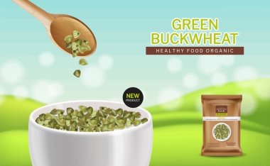 Yeşil karabuğday vektörü gerçekçi. Ürün yerleştirme modeli. Etiket tasarımı. Taze sağlıklı yiyecekler.