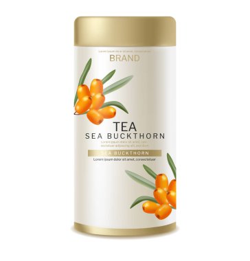 Buckthorn çay paketi vektörü gerçekçi. Ürün yerleştirme etiketi tasarımı. Sağlıklı lezzetli sıcak