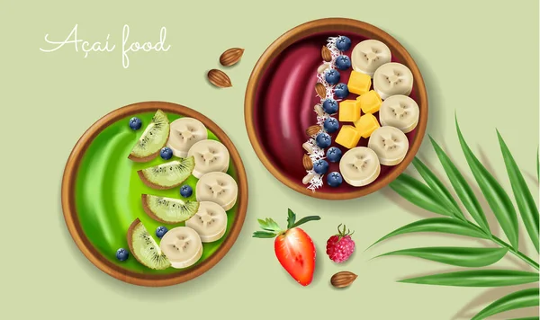Acai y kiwi smoothie bowl vector realista maqueta. Banana y frutas en la parte superior. Alimentos ecológicos saludables verdes — Vector de stock