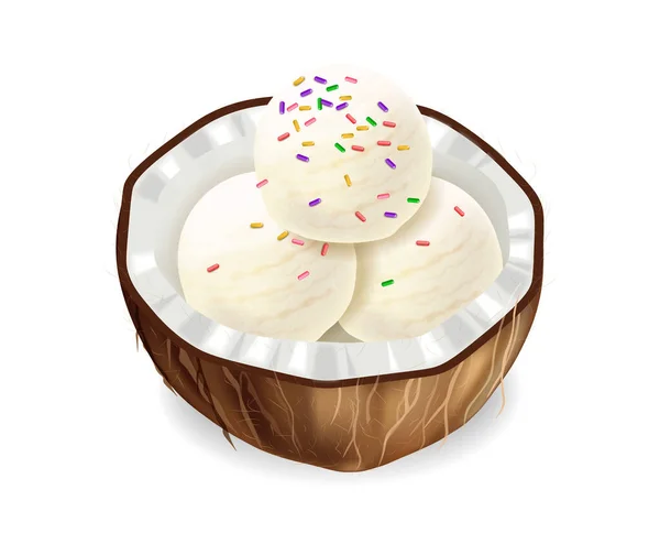 Coconut ice cream vector realistic. Product placement. Healthy delicious desserts — Stockvektor