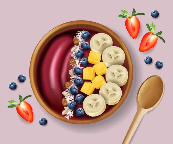 Acai smoothie bowl vector realista maqueta. Banana y frutas en la parte superior. Alimentos ecológicos saludables verdes — Vector de stock