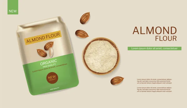 Almond flour vector realistic package. Product placement mock up detailed label designs — Stock Vector