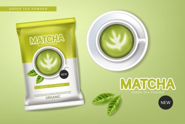 Kibrit yeşil çay tozu vektörü gerçekçi. Ürün yerleştirme Sağlıklı içecek etiketi tasarımları