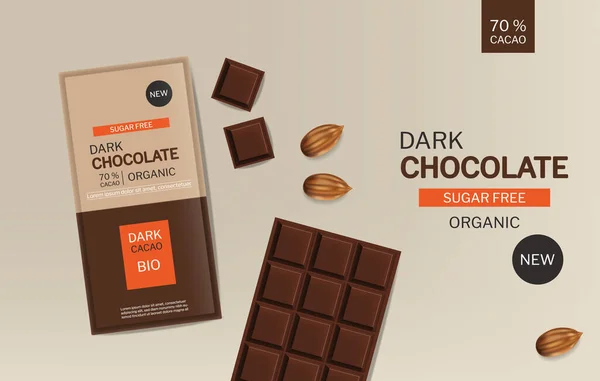 Donkere chocolade bar vector realistisch. Productplaatsing ontwerp pakket mock up. Heerlijke stukjes chocolade. Sjabloon label banner advertenties — Stockvector