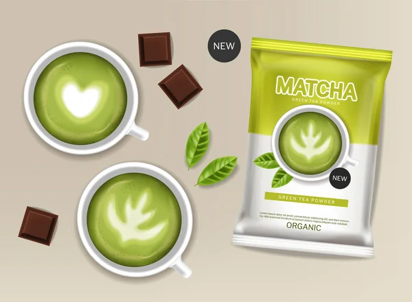 Matcha Grüntee Pulver Vektor realistisch. Produktplatzierung täuscht Etikettendesign für gesunde Getränke vor — Stockvektor