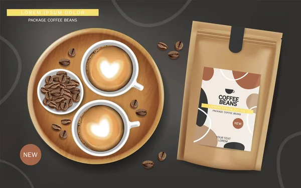 Koffiebonen in een zak vector realistisch. Product plaatsing koffiekopje schuim top uitzicht — Stockvector
