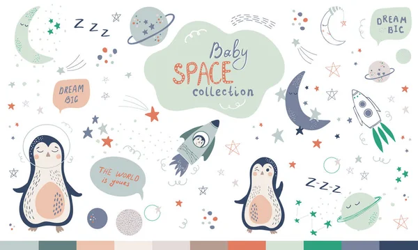 Colección Cósmica Bebé Conjunto Dibujado Mano Ilustraciones Vectoriales Con Astronautas Vectores De Stock Sin Royalties Gratis