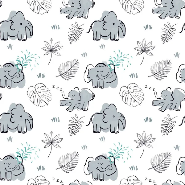 Милый Ребенок Бесшовный Рисунок Слонами Тропическими Растениями Белом Фоне Мультфильм — стоковое фото