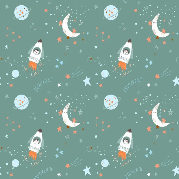 Vector seamless pattern on dark green background. Cute baby space illustration in simple hand drawn Scandinavian style. Good for baby nursery, baby clothes, baby shower decor, books, games.