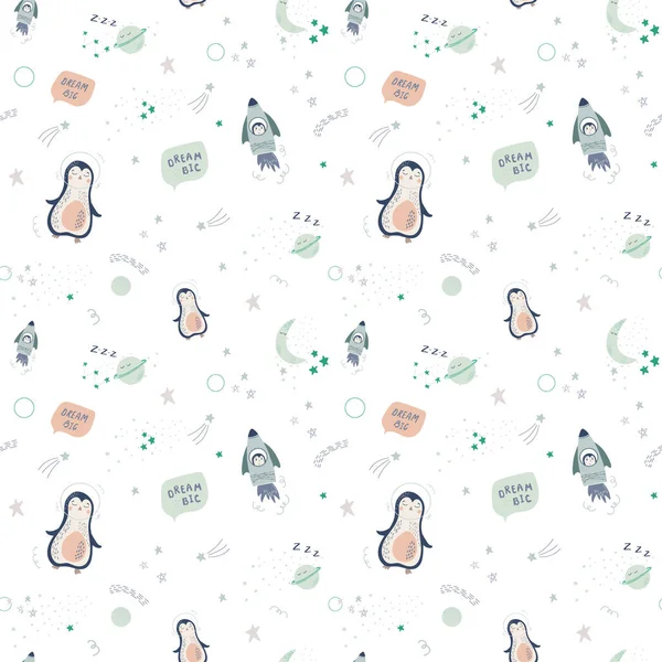ペンギン ロケット 惑星とかわいい赤ちゃん宇宙ベクトルシームレスパターン 北欧風のシンプルな手描きベクトルイラスト 赤ちゃんの保育園 ベビーシャワーの装飾に最適です — ストックベクタ