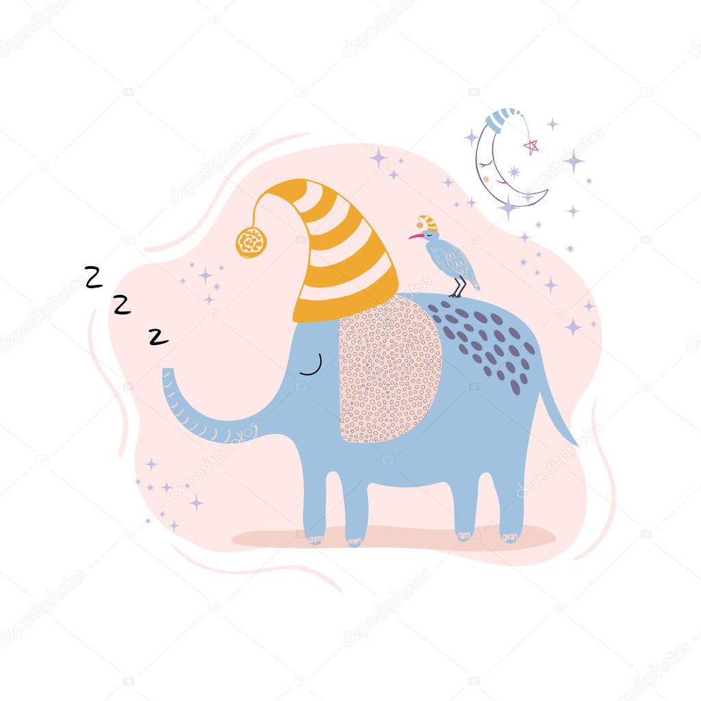 Poster with cute sleeping elephant, bird and moon. Hand drawn vector character in simple scandinavian style. Sweet dreams. Ideal kids design, for fabric, textile, baby book, decorating baby nursery.