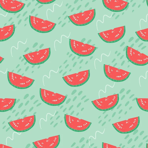 Seamless Pattern Watermelon Slices Colorful Summer Print Vector Hand Drawn — Stock Vector