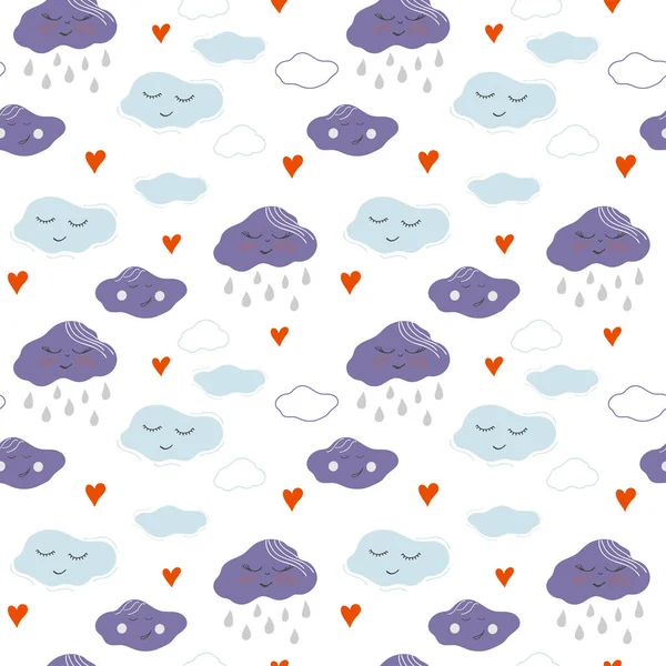 Patrón Sin Costuras Con Nubes Lluvia Corazones Ilustración Vectorial Dibujada — Archivo Imágenes Vectoriales