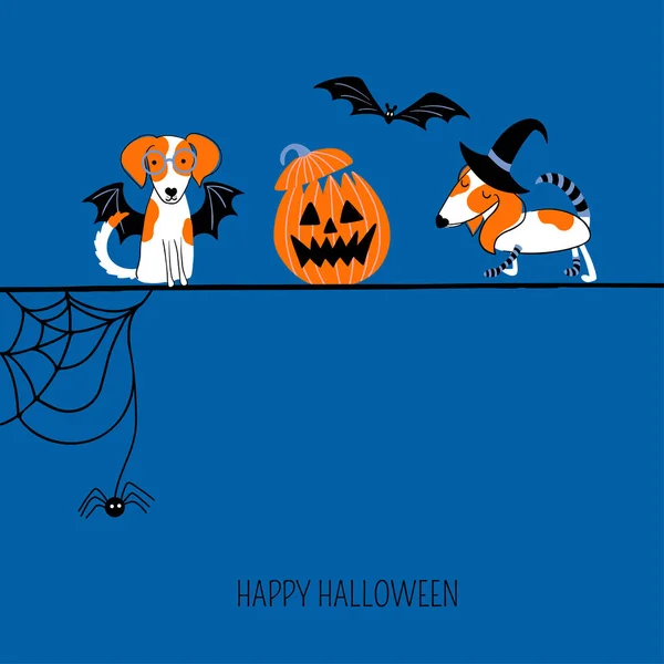 Tarjeta Felicitación Feliz Halloween Con Perros Calabaza Lindos Perros Disfraces Gráficos Vectoriales