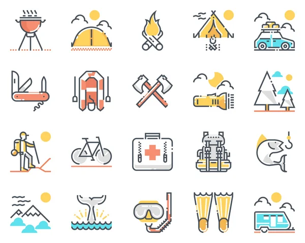 Conjunto de ícones de acampamento Linha de cores —  Vetores de Stock