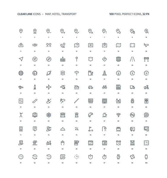 Carte, icônes ligne claire de l'hôtel — Image vectorielle