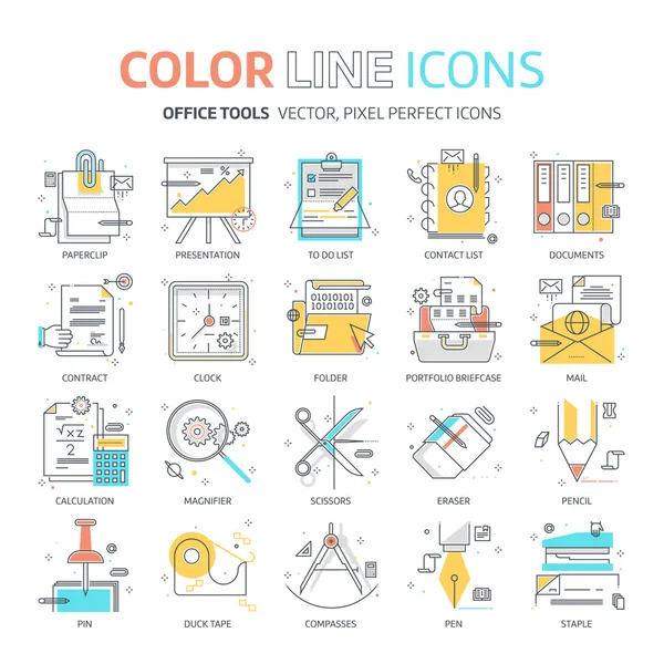 Línea de color, ilustraciones de herramientas de oficina — Archivo Imágenes Vectoriales