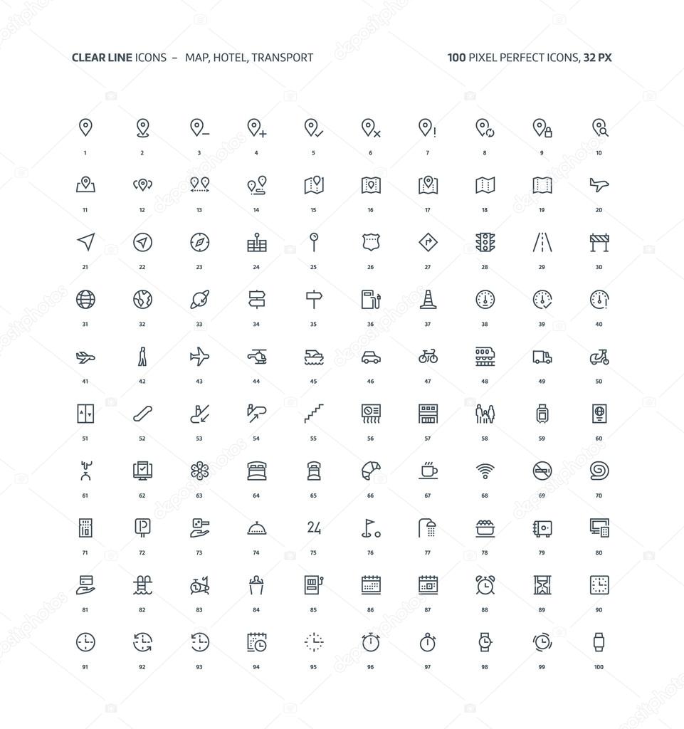 Map, hotel clear line icons