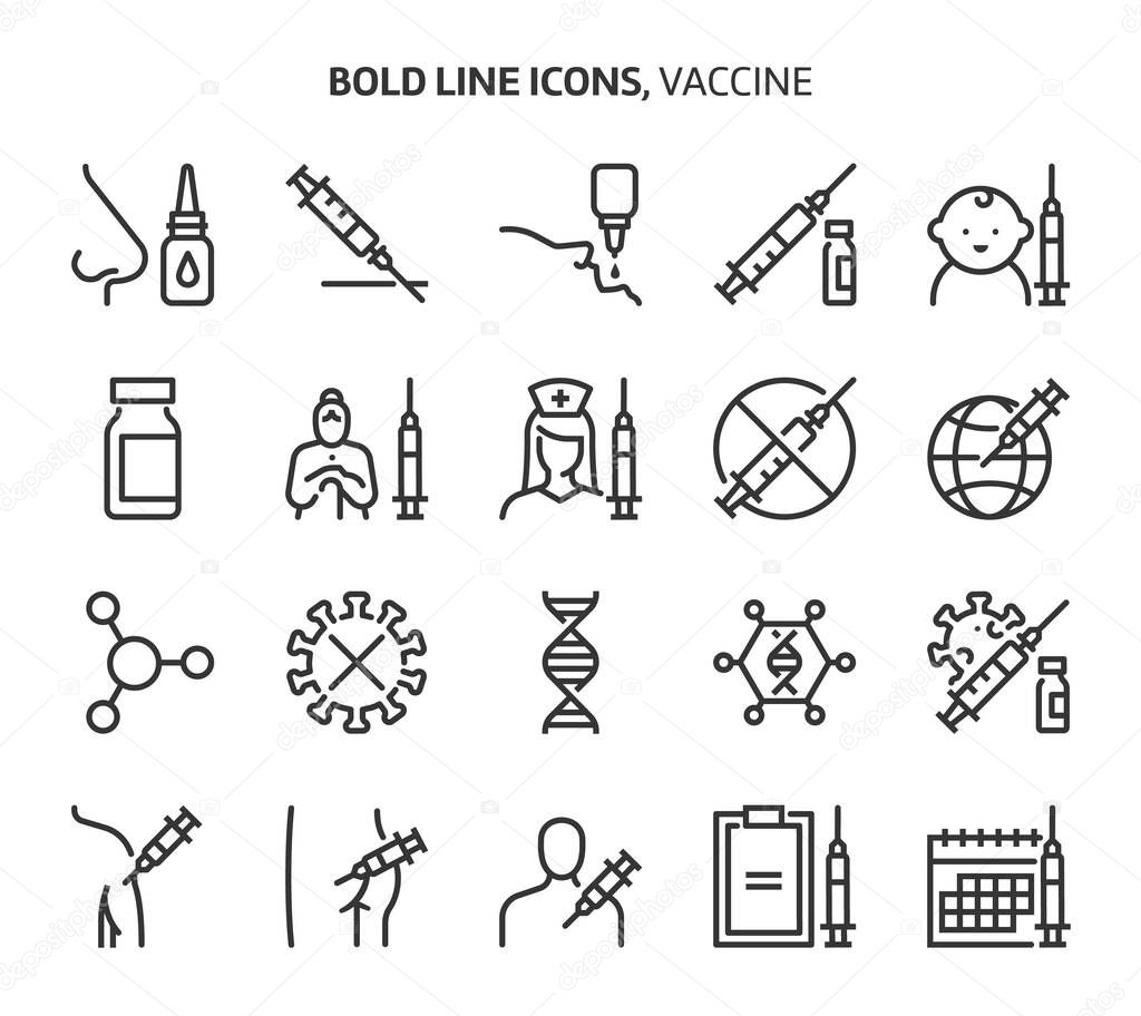 Vaccine, bold line icons. The illustrations are a vector, editable stroke, 48x48 pixel perfect files. Crafted with precision and eye for quality.