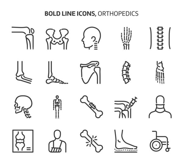 Orthopedics, bold line icons. The illustrations are a vector, editable stroke, 48x48 pixel perfect files. Crafted with precision and eye for quality.