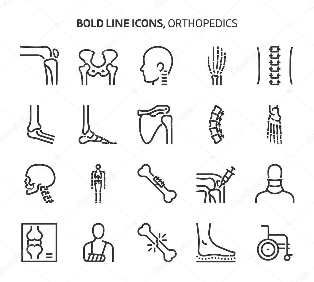 Orthopedics, bold line icons. The illustrations are a vector, editable stroke, 48x48 pixel perfect files. Crafted with precision and eye for quality.