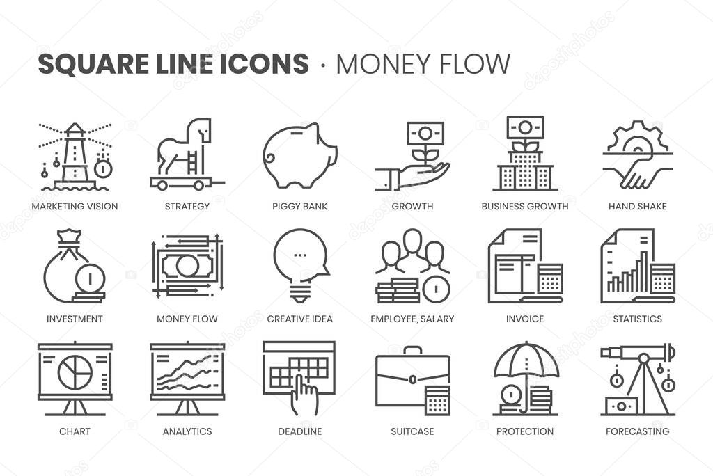 Money flow, square line icon set. The illustrations are a vector, editable stroke, thirty-two by thirty-two matrix grid, pixel perfect files.