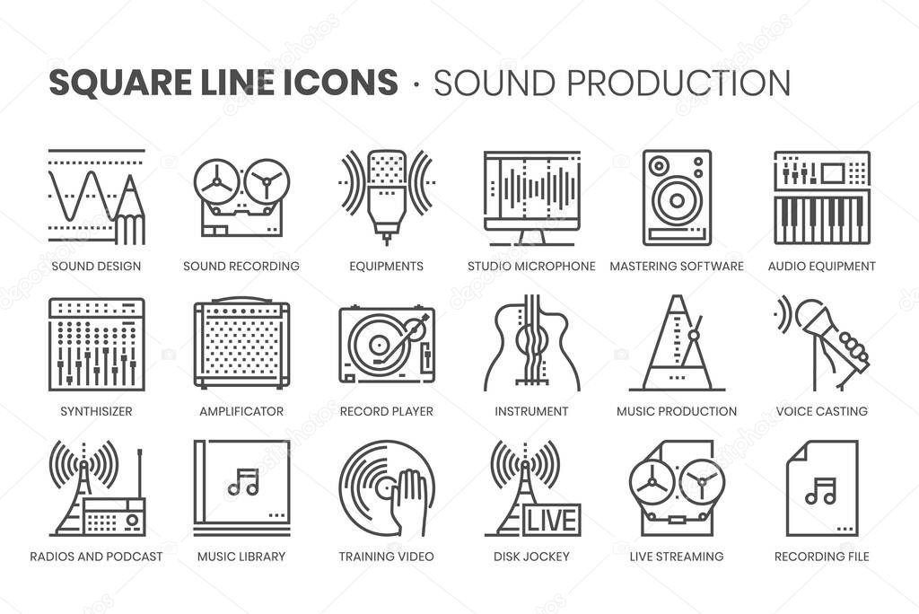 Music production, square line icon set. The illustrations are a vector, editable stroke, thirty-two by thirty-two matrix grid, pixel perfect files.