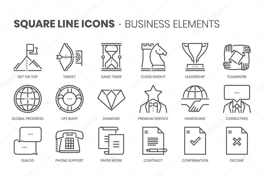 Business elements, square line icon set