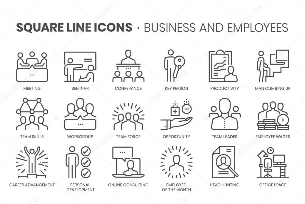 Business and employees, square line icon set. The illustrations are a vector, editable stroke, thirty-two by thirty-two matrix grid, pixel perfect files.