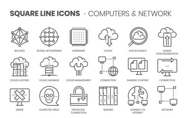 Bilgisayarlar ve ağ, kare çizgi simgesi seti. Çizimler bir vektör, düzenlenebilir vuruş, 32 'ye 32 matris ızgarası, piksel mükemmel dosyalar..
