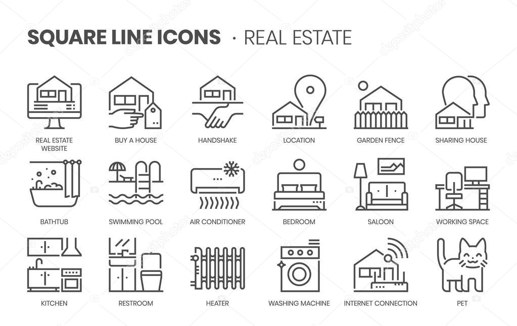 Real estate, square line icon set. The illustrations are a vector, editable stroke, thirty-two by thirty-two matrix grid, pixel perfect files.