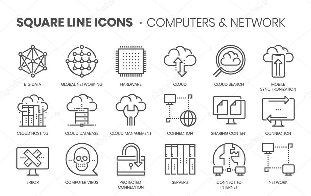 Computers and network, square line icon set. The illustrations are a vector, editable stroke, thirty-two by thirty-two matrix grid, pixel perfect files.