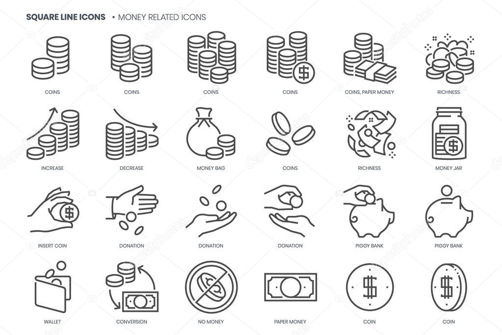 Money related concepts , square line vector icon set.