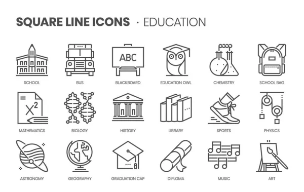 Set Icone Vettoriali Linea Quadrata Correlate All Istruzione — Vettoriale Stock