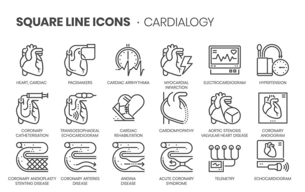 Cardiología Relacionada Conjunto Iconos Vector Línea Cuadrada — Vector de stock