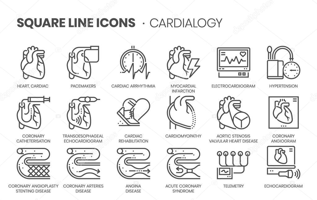 Cardiology related, square line vector icon set.
