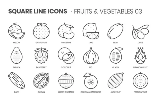 Fruits Vegetables Three Square Line Icon Set — Stock Vector