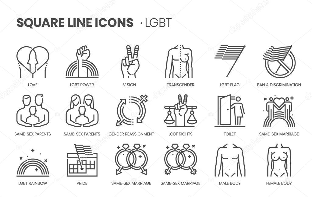 Lgbt related, square line vector icon set.