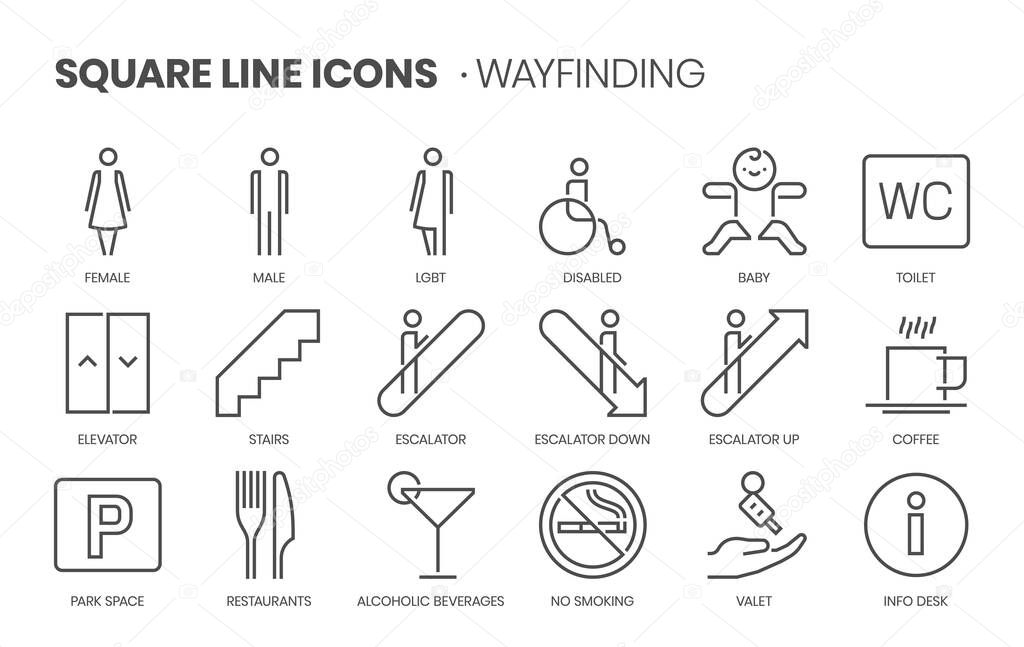 Way-finding related, square line vector icon set.