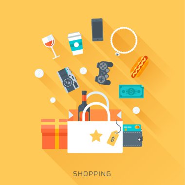 Alışveriş, Stil, renkli düz, vektör Icon set