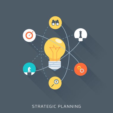Stratejik planlama, düz stil, renkli, vektör Icon set